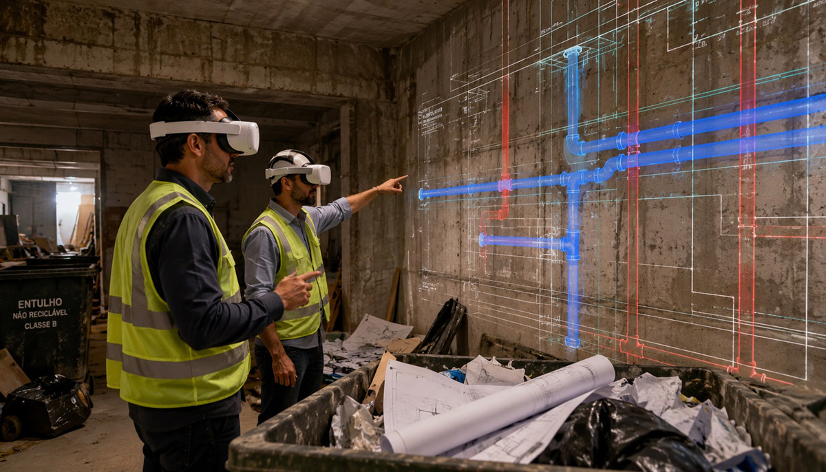 Engenheiros utilizando Meta Quest para visualizar projetos hidráulico e elétrico em realidade aumentada sobrepostos à construção no canteiro de obras